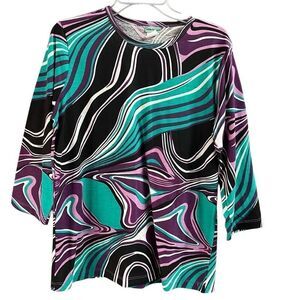Sara Morgan Women’s Psychedelic Purple Teal Black White Black 3/4 Sleeve Top M